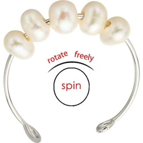 ZHOUYANG Freshwater Pearls Anxiety Spinner Rings For Women Adjustable Fidget Ring Rotatable Bead Stress Relieving Jewelry KBR037