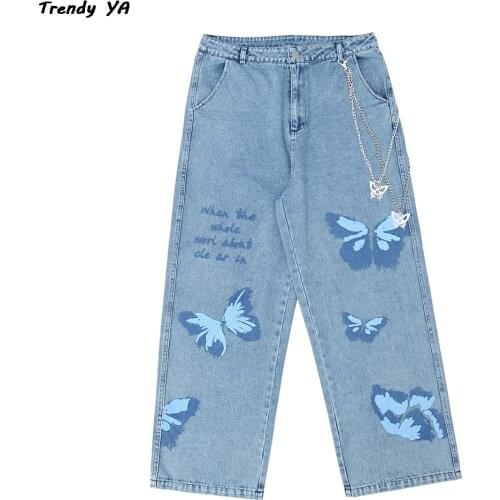 Harajuku Oversize Loose Joggers Men Trousers HipHop Butterfly Chain Print Jeans Straight WideLeg Pants For Daily Wearing Fashion