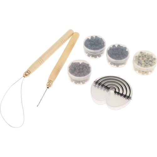 Hair Extension Tools Set Wood Hook Pulling Needle Loop Threader + 500 Micro Link Beads+ 10x Heat Shield Guards