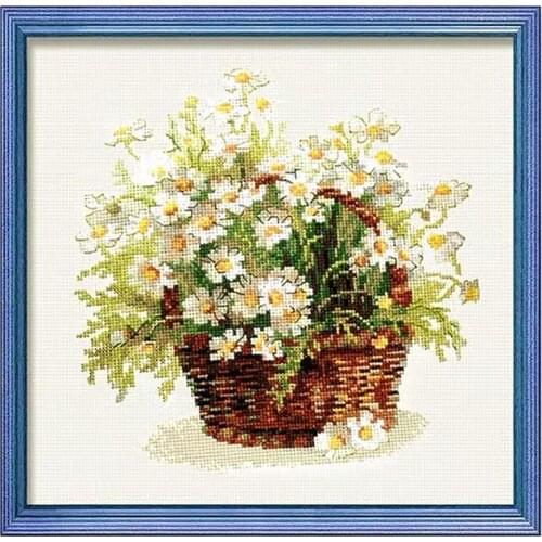 Still Life with Lavender Blooming Daisy Wild Flower in Basket Stamped Cross Stitch Kit Embroidery needlework set
