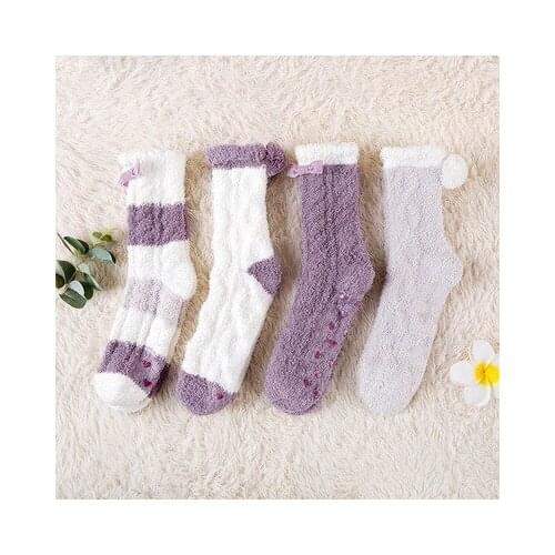 Home Slipper Socks Women 4 Pairs Soft Fleece Femme Cozy Socks Set Family Friends Gift Set Warm Sleep Footwear Floor Shoes