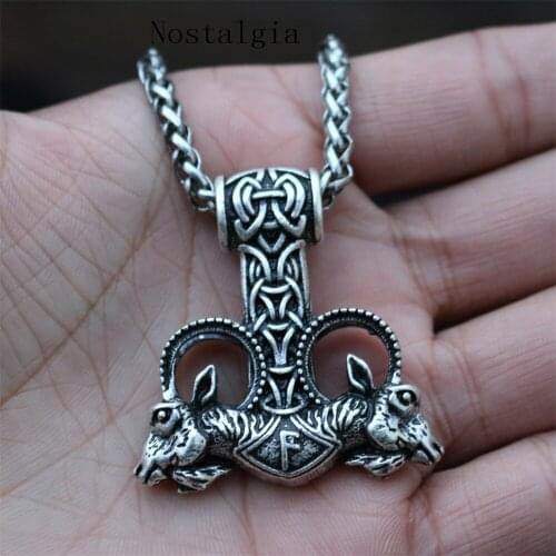 Nostalgia 1pc Viking Double Head Ram Pendant Men Nekclace Viking Jelewlry Norse Goat Thunder Hammer Pendant Amulet Talisman Gift