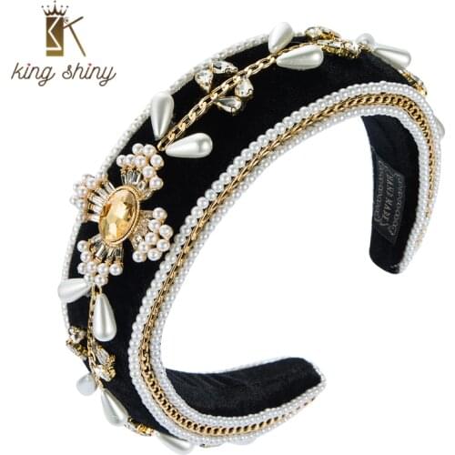 King Shiny Vintage Baroque Imitation Pearl Cross Headband Luxurious Geometric Crystal Padded Hairband Woman Party Hair Accessory
