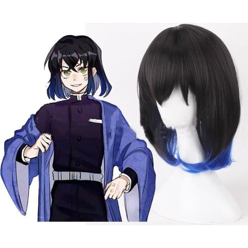 Demon Slayer Cos Wig Hashibira Inosuke Two-color Color Matching Natural Black Gradient Blue Short Hair Any Face Shape for Men