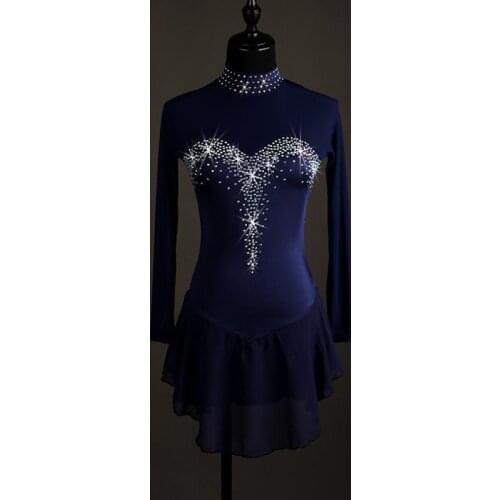 Figure Skating Dress Womens Girls' Ice Skating Dress Stand collar long sleeve Dark Navy Blue Stretch fabrics Comfortable