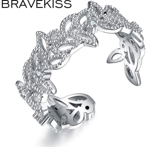 BRAVEKISS Adjustable Leaves Ring Band Hollow Plant Open Finger Ring Pave Zircon Luxury Bijoux Anel Fashion Jewellery BUR0374