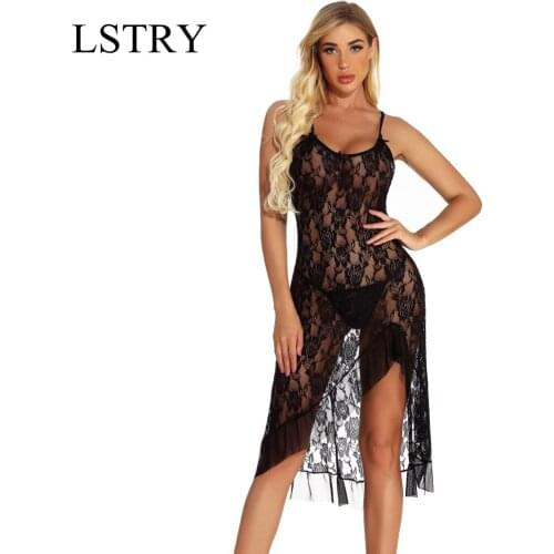 Sexy Babydoll Lingerie M-7XL Erotic Women Black Lace Plus Size Costume Sleepwear Dress Transparent Hollow-out Chemise Underwear