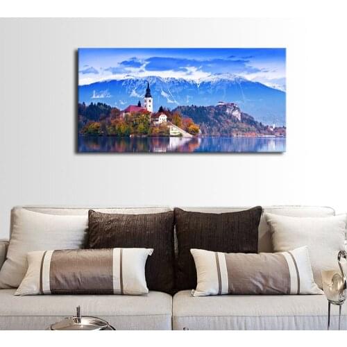 Blue Canvas Art Wall Decor Lake Mountain Nature Pictures Long Canvas Artwork St. Mary Church Bled Island Painting Drop shipping