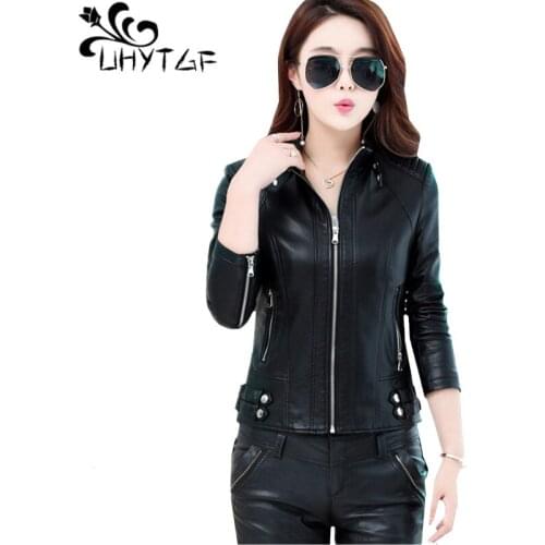 UHYTGF New Fashion Short leather Jacket Womens luxury Spring Autumn Outerwear Standing collar Slim leather Jacket M-4XL Coat 960