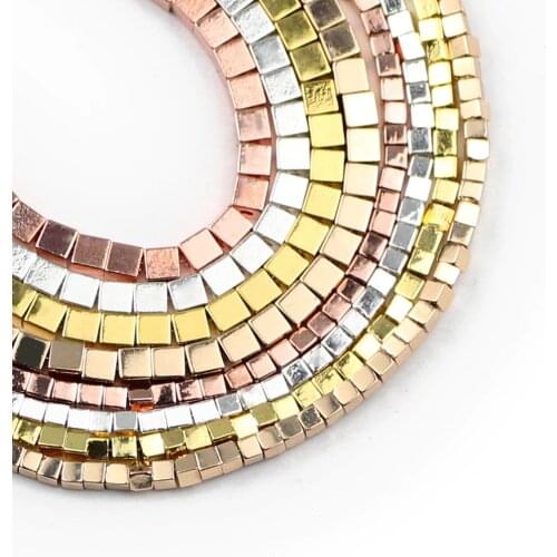 YHBZRET 2/3mm Rose Gold Silvers Hematite Natural Stone Square charm Loose Spacer Beads For Jewelry Making Diy bracelet necklace