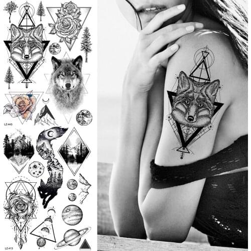 YURAN Triangle Fox Wolf Flower Wrist Tattoos Temporary Women Arm Art Tattoo Stickers Body Waist Men Sexy Custom Tatoos Supplies
