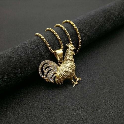 HIPHOP jewelry stainless steel gold color plated rhinestone chicken animal zodiac pendant necklace for man