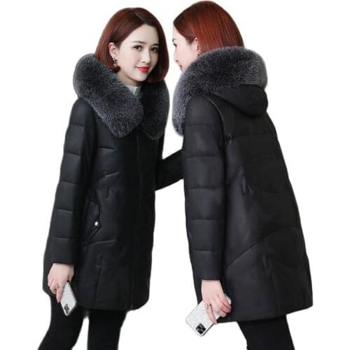 New Womens Winter Leather Jackets Black Red Mid-Length Cotton Coat Parka Pu Leather Faux Fox Fur Collar Women Coat Outerwear