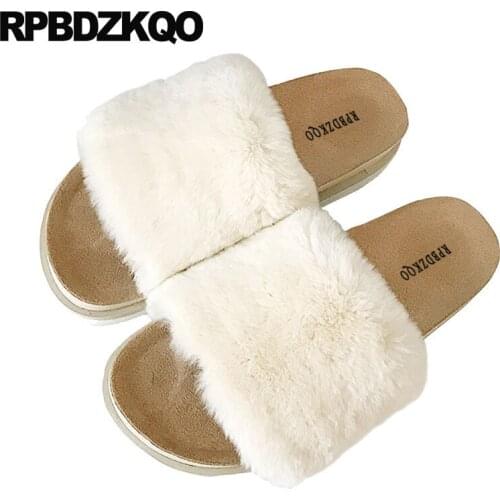Women Shoes 2018 Spring Slip On Designer With Fur Beige Flatform Furry Flat Sandals Open Toe Platform Fluffy Comfortable Slides