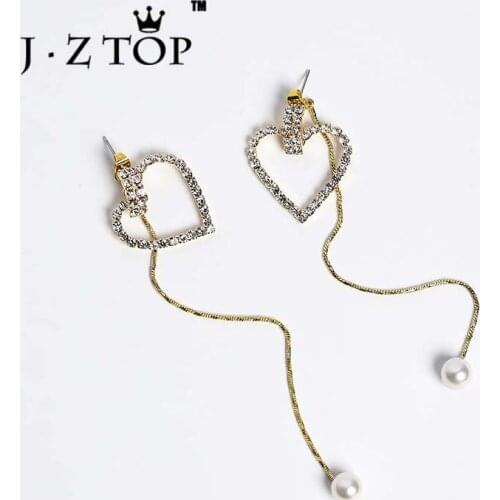 Full Crystal Heart tassel Earrings Imitation Pearl Geometric Post Hanging Long Stud Earrings Female Fashion Brinco Jewelry Gifts