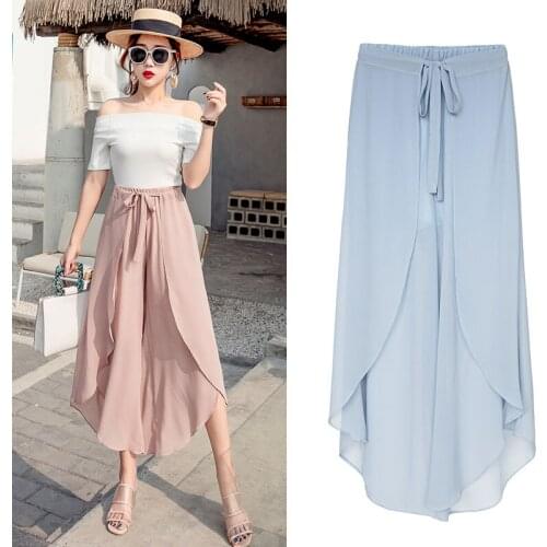 Women Wide Leg Pants Skirt 2019 Spring Summer Female Loose Boho Beach Elastic High Waist Casual Chiffon Pant Ruffle Trousers