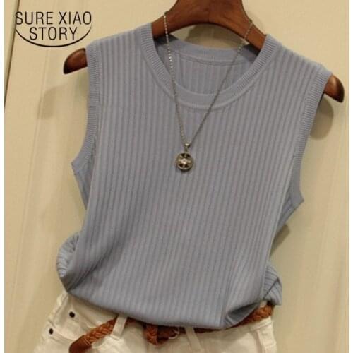 2021 Summer new women wide shoulder strap round neck Joker thin sleeveless ice silk knitted vest womens coat solid color 4588