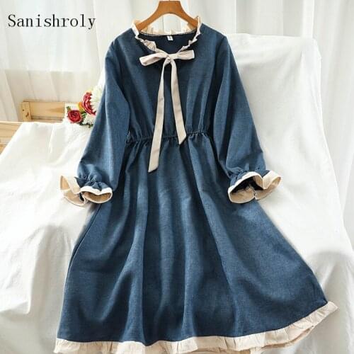 Sanishroly Autumn Korea Style Women Flare Sleeve Long Dress Tie Bow A-Line Dresses Female High Waist Ruffles Dress Vestidos C089