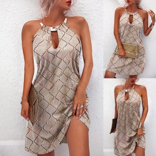 Womens New Printed Metal Neck Sleeveless Dress Holiday Traveling Sexy Cool Beach Dress Summer Breathable Quick Dry Dress