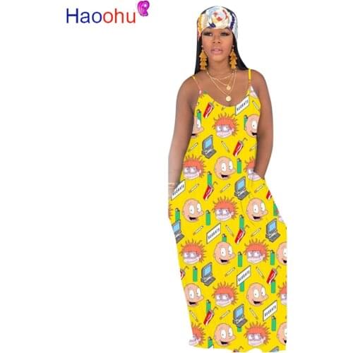 Cartoon Character Print Big Swing Long Dress Women Spaghetti Strap Sleeveless Beach Dress Casual V Neck Backless Bohemian Dress