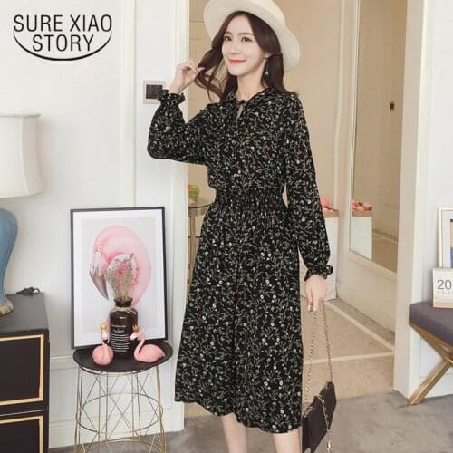 2019 Black Long Dresses Women Dress Long Sleeve Chiffon Dress Elegant Fashion Floral A-Line Office Lady Party Dresses 2601 50