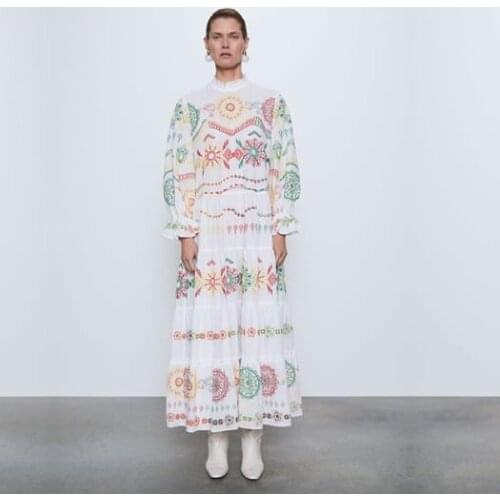 2021 White Vintage Chic Women Floral Print Maxi Dress Bohemian Dresses Ladies Boho Pleated Long Dress Vestidos