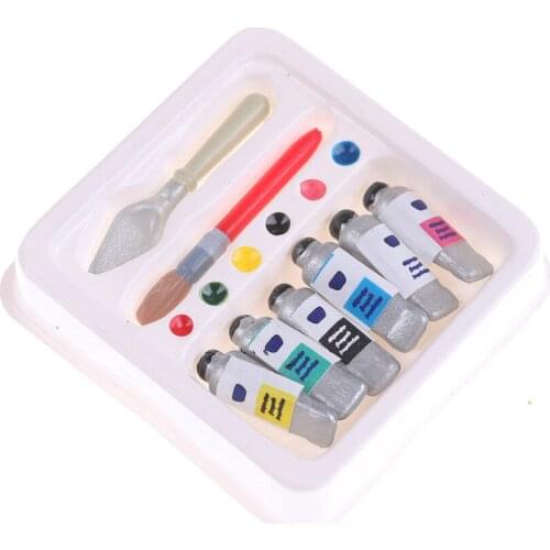 1Set Creative Mini Dollhouse Miniature Toy Color Oil Painting Paint Brush Set For Kids Doll House Decor
