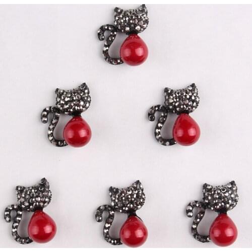 120pcs/lot)High Quality Black Cat Shape Rhinestone Button With Red Pearl Artificial Metal Crystal Button For Girl Jewelry
