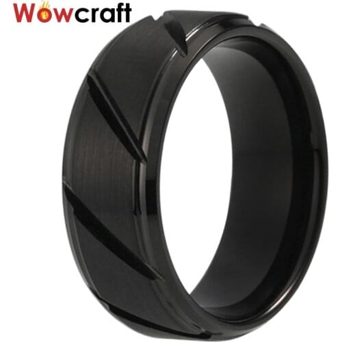 8mm Unisex Tungsten Wedding Ring with Bevel Stepped Edges Grooved Black Brushed Tungsten Engagement Band Rings