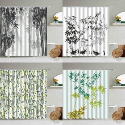 Chinese Style Bamboo 3D Waterproof Shower Curtain Hand Painted Plant Elegant Art Bathroom Wall Decoration With Hook Screen Set