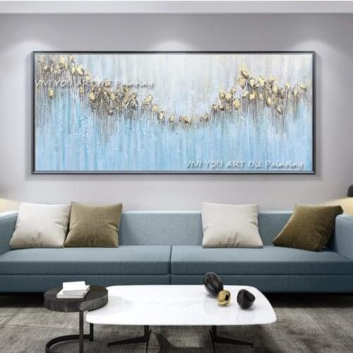 Large Size 100% Hand Painted Blue Ocean Gold Foil Oil Painting Large Seascape Canvas Art No frame As A Gift for Home Decoration