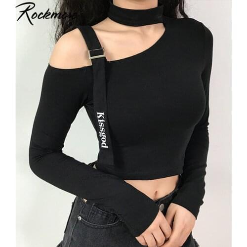 Rockmore Off Shoulder Halter Sexy Womens T Shirt Harajuku Letter Print Ribbon Halterneck Long Sleeve Crop Top Basic Tshirt Women