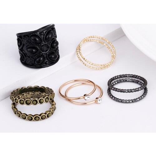 FISHPEACH Bohemian 6Pcs/Set Gold Black Color Stone Crystal Flower Knuckle Rings For Women Boho Midi Finger Ring Set Jewelry