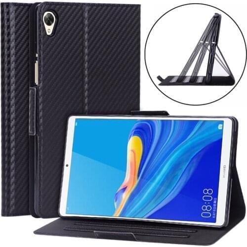 Carbon Fiber Pattern PU Book Flip Cover Case for Huawei Mediapad M6 8.4 2019 VRD-W09 VRD-AL00 Tablet with Hand Strap + Free Gift