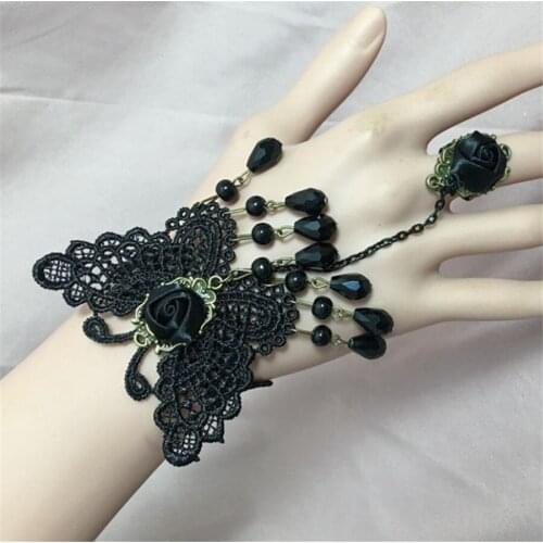 Lolita Victorian Girl Gothic Black Rose Lace Tassle Bracelet With Ring Women Jewelry D432