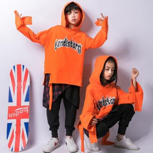 Girls Boys Jazz Dance Clothes Stage Wear Orange Hoodies Pants Outfits Kids Hip Hop Ballroom Dancing Costumes for Child Dancewear