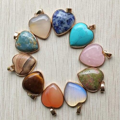Wholesale 10pcs/lot New good quality mix natural stone gold side heart shape pendants 25mm for jewelry making free shipping