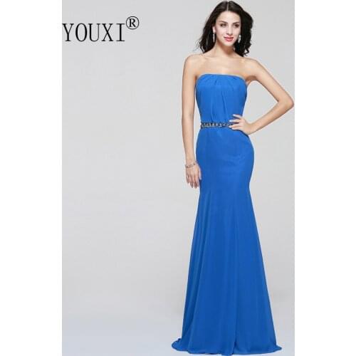 Sexy Strapless Blue Prom Dresses Long Chiffon Beaded Waist Ruched Mermaid Vestido de Festa