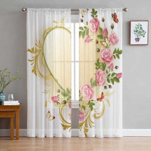Love Pink Rose Butterfly Tulle Window Curtain for Living Room Modern Sheer Curtain for Bedroom Kitchen Drapes Custom