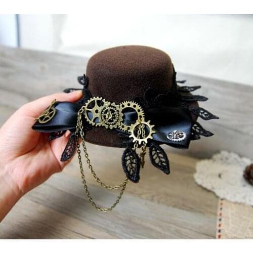 Vintage Lace Big Bow Lolita Cosplay Mini Top Hat with Gears for Men Women Steampunk Party Hair Accessories