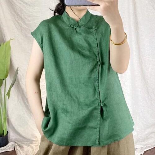 New Women Shirts Summer Loose Solid Color Stand Collar Single-Breasted Female Xiejin Linen Tops Fashion