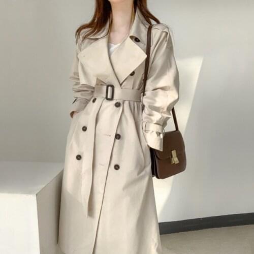 Womens Trench Coat Korean Style Casual Long Outerwear Loose Overcoat Double-Breasted With Belt Lady Windbreaker Spring Fall2021