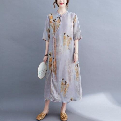Women Cotton Linen Long Dress New Arrival 2021 Summer Chinese Style Vintage Print Loose Comfortable Ladies Casual Dresses B731