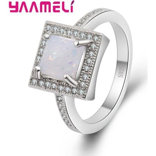 Elegance Geometric 925 Sterling Silver Band Rings Filled with Top Quality Square Opal Stones Women Wedding Bridal