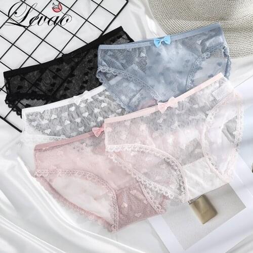 LEVAO Womens Underwear Panties Japanese Sweet Mid-Waist Briefs Feminine Lace Bowknot Love Mesh Gauze Cotton Triangle Panties