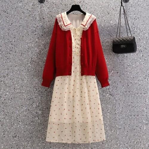 L-4XL Ladies Long Sleeve Floral Dress And Red Short Knit Cardigan Jacket Suits Womens Fashion Two Piece Set 2021 Autumn New e344