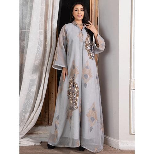 Dubai Sequins Jalabiya Women Muslim Fashion Maxi Dress Loose Long Sleeves Gauze Mesh Islamic Arab Ethnic Abaya Eid Party Morocco