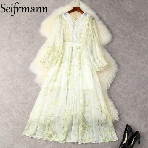 Seifrmann New 2021 Summer Women Fashion Designer Chiffon Dress Lantern Sleeve High Waist Lace Elegant A-Line Dresses Vestidos