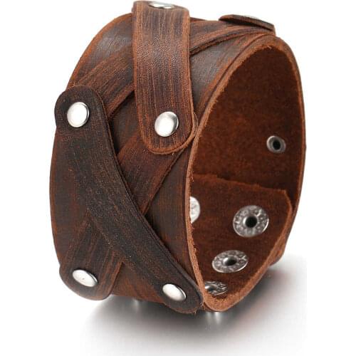 2021 Fashion Jewelry Vintage Hand-woven X Letter Brown Leather Bracelet Mens Charm Cuff Multi-breasted Wide Leather Bracelet