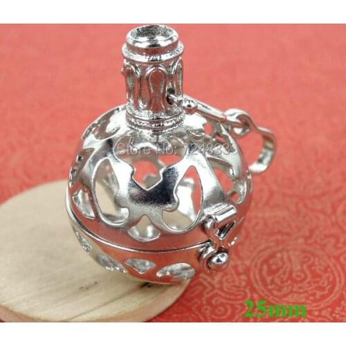 25mm Rhodium tone Round Brass Wish Prayer Box Hollow Filigree Locket Pendant European Charms Essential Oil Diffuser Wholesale